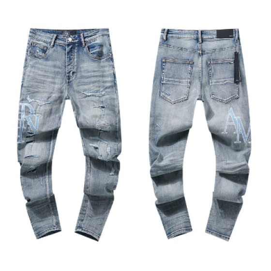 Light Blue Washed Denim Jeans with Light Blue AMIRI Logo and Distressing